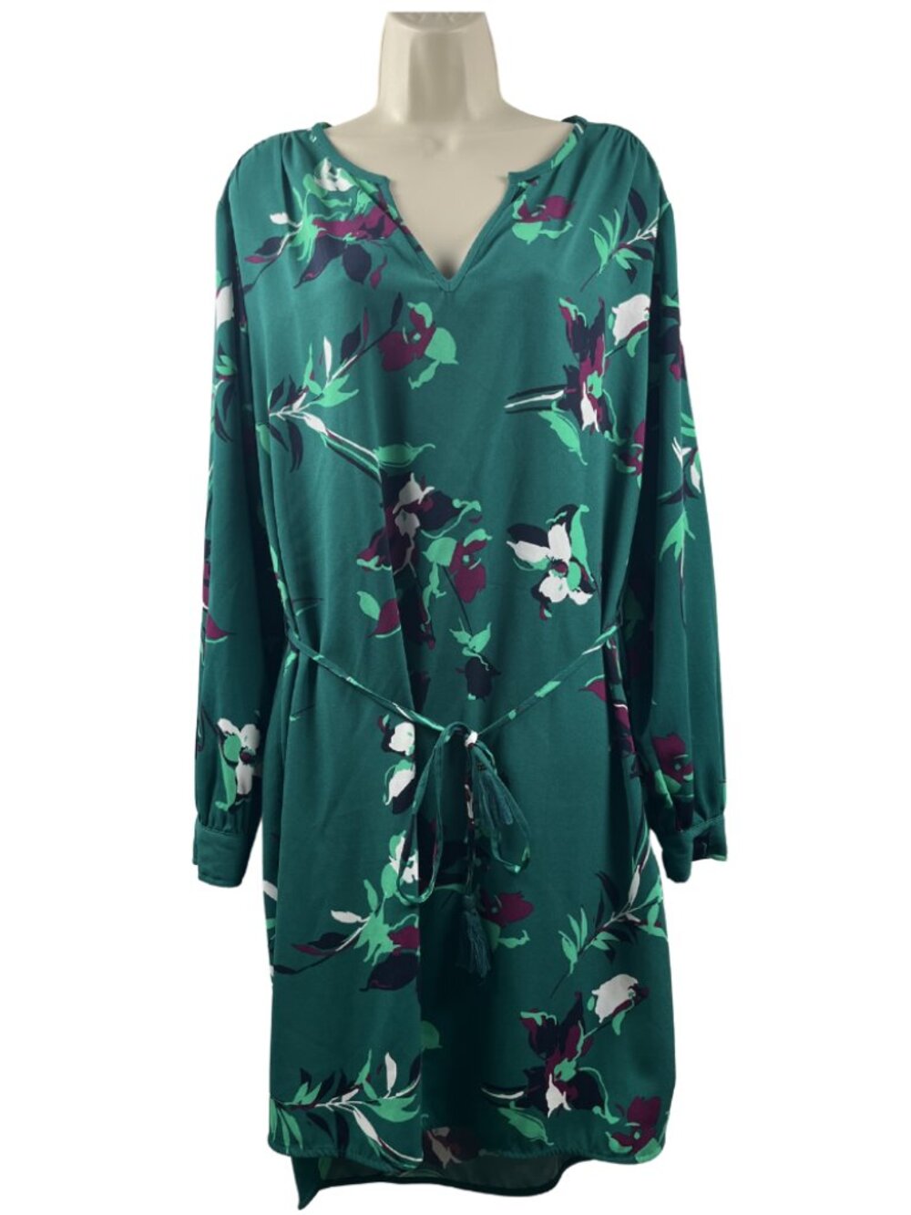 Merona XXL Green Floral Long Sleeve Tie Waist Shift Dress Women's Plus Size